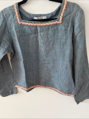 Aly~ Wear Blue Linen Long Sleeve Blouse with Peach Crochet Trim. Size Small